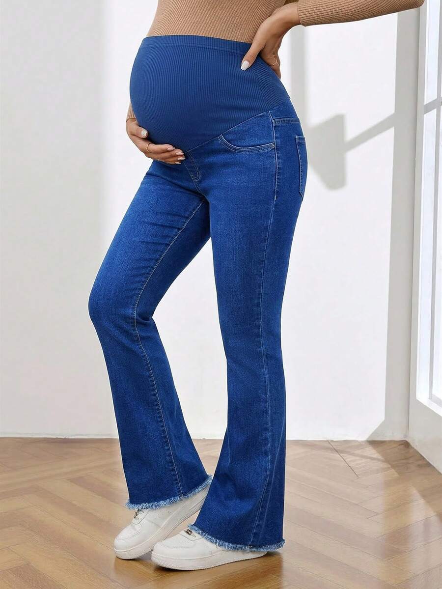 Royal Blue Maternity Flare Jeans – High-Stretch Supportive Elastic Waist Bell Bottoms for Work, Holiday, & Y2K Chic Streetwear