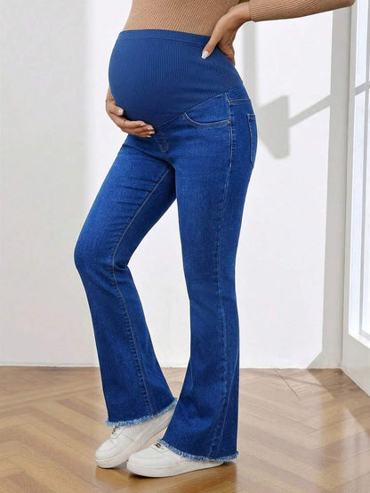 Royal Blue Maternity Flare Jeans – High-Stretch Supportive Elastic Waist Bell Bottoms for Work, Holiday, & Y2K Chic Streetwear