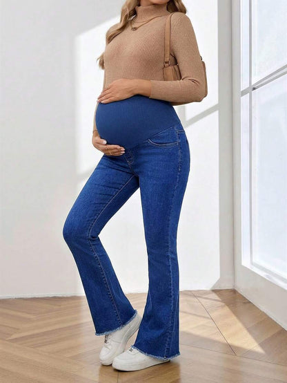 Royal Blue Maternity Flare Jeans – High-Stretch Supportive Elastic Waist Bell Bottoms for Work, Holiday, & Y2K Chic Streetwear