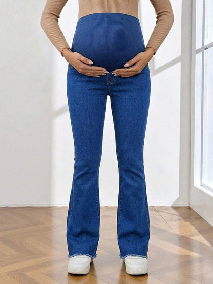 Royal Blue Maternity Flare Jeans – High-Stretch Supportive Elastic Waist Bell Bottoms for Work, Holiday, & Y2K Chic Streetwear
