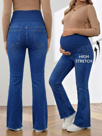 Royal Blue Maternity Flare Jeans – High-Stretch Supportive Elastic Waist Bell Bottoms for Work, Holiday, & Y2K Chic Streetwear