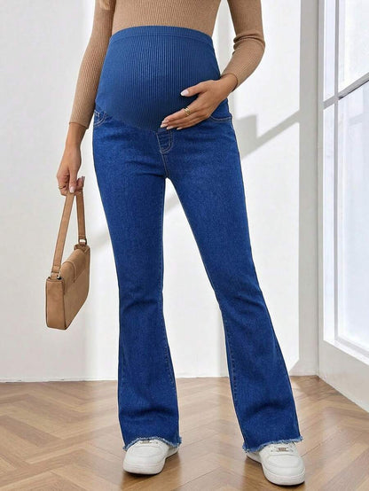 Royal Blue Maternity Flare Jeans – High-Stretch Supportive Elastic Waist Bell Bottoms for Work, Holiday, & Y2K Chic Streetwear