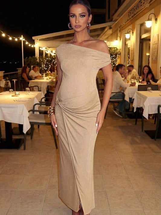 Maternity Solid Color Asymmetric-Shoulder Fitted Elegant Formal Summer Dress For Pregnant Women,Baby Shower Luxury Evening Wedding Guest Tie Dye