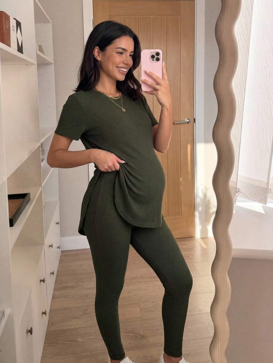 Navy Blue Maternity 2-Piece Set with Side Slit Short Sleeve Tee and Adjustable Waist Loose Legging Pants
