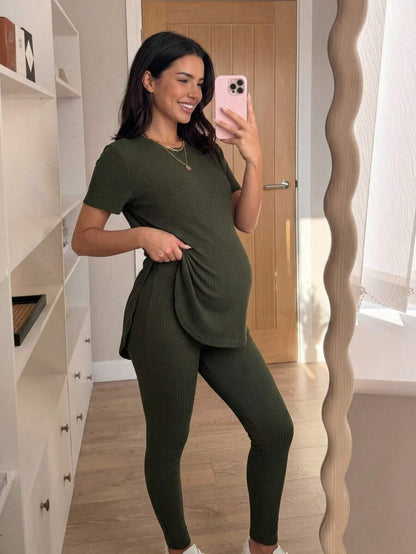 Navy Blue Maternity 2-Piece Set with Side Slit Short Sleeve Tee and Adjustable Waist Loose Legging Pants