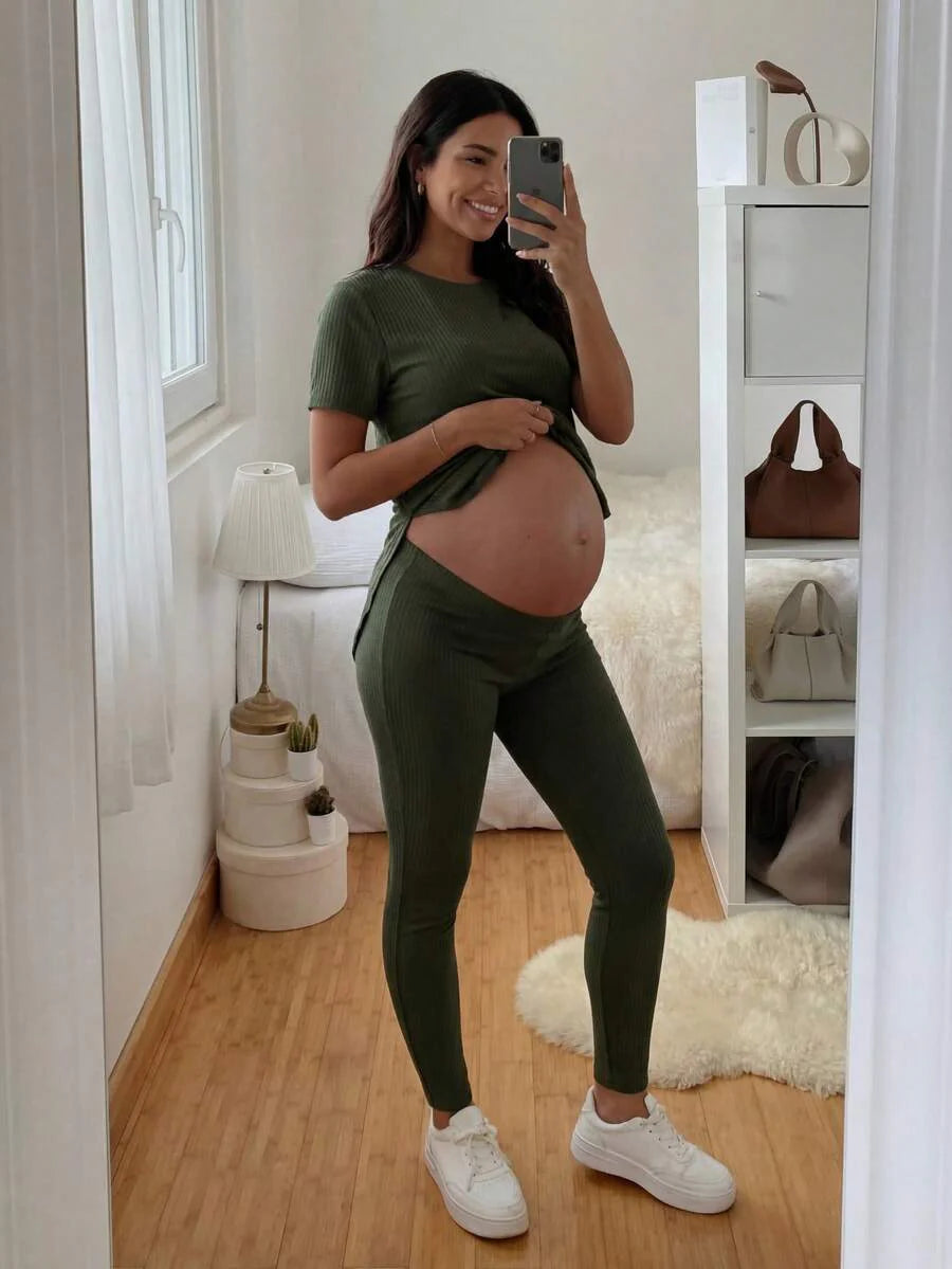 Navy Blue Maternity 2-Piece Set with Side Slit Short Sleeve Tee and Adjustable Waist Loose Legging Pants