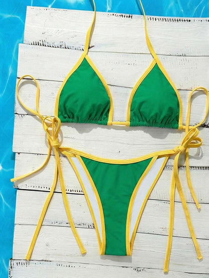 Swim Vcay Women's Summer Beach Contrast Color Halter Tie Sexy Bikini And Triangle Panty Swimwear Set Blue Bikini Yacht Party Outfit Vacation Bikini Boat Party Outfit Women Tie Side Bikini Triangle Bikini Set Light Blue Bikini