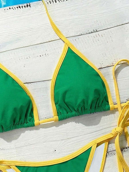 Swim Vcay Women's Summer Beach Contrast Color Halter Tie Sexy Bikini And Triangle Panty Swimwear Set Blue Bikini Yacht Party Outfit Vacation Bikini Boat Party Outfit Women Tie Side Bikini Triangle Bikini Set Light Blue Bikini