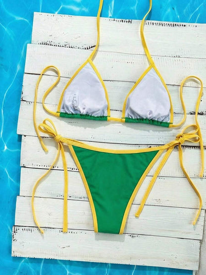 Swim Vcay Women's Summer Beach Contrast Color Halter Tie Sexy Bikini And Triangle Panty Swimwear Set Blue Bikini Yacht Party Outfit Vacation Bikini Boat Party Outfit Women Tie Side Bikini Triangle Bikini Set Light Blue Bikini