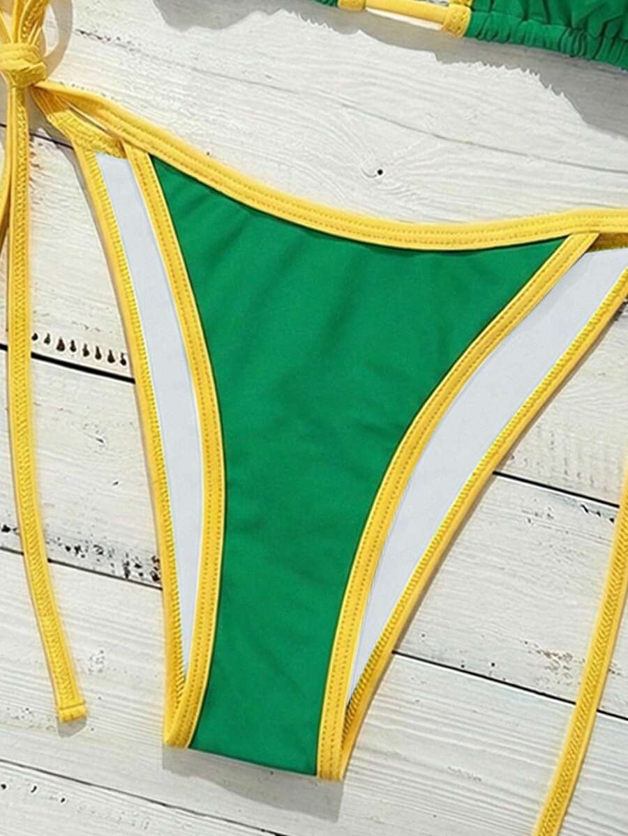 Swim Vcay Women's Summer Beach Contrast Color Halter Tie Sexy Bikini And Triangle Panty Swimwear Set Blue Bikini Yacht Party Outfit Vacation Bikini Boat Party Outfit Women Tie Side Bikini Triangle Bikini Set Light Blue Bikini