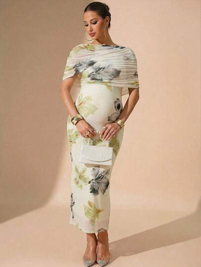 Elegant Blue Butterfly Floral Print Ruched Fitted Maternity Dress,Summer Babyshower Wedding Outfits For Pregnant Women,Formal Luxury Evening Dresses