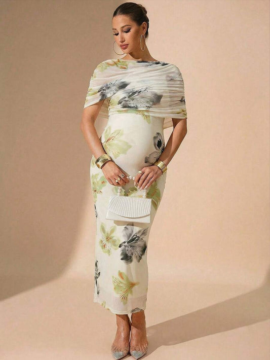 Elegant Blue Butterfly Floral Print Ruched Fitted Maternity Dress,Summer Babyshower Wedding Outfits For Pregnant Women,Formal Luxury Evening Dresses