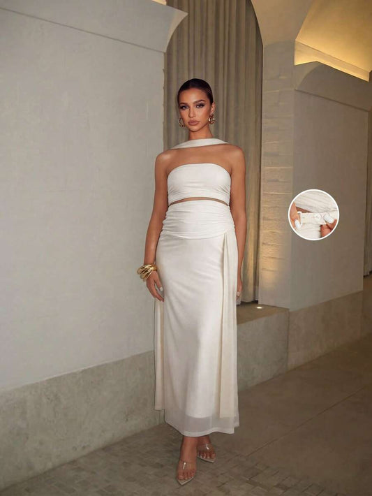 Maternity Clothes White,Summer,Elegant,Formal Two Piece Set,Comfortable Soft Highly Elastic Solid Tube Top And Adjustable Waist Skirt Vintage Outfit