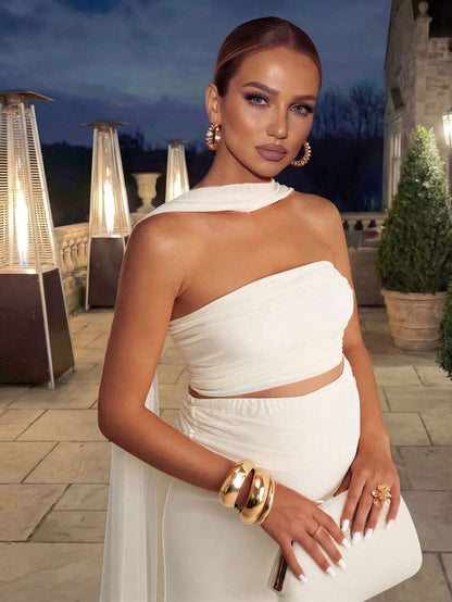 Maternity Clothes White,Summer,Elegant,Formal Two Piece Set,Comfortable Soft Highly Elastic Solid Tube Top And Adjustable Waist Skirt Vintage Outfit