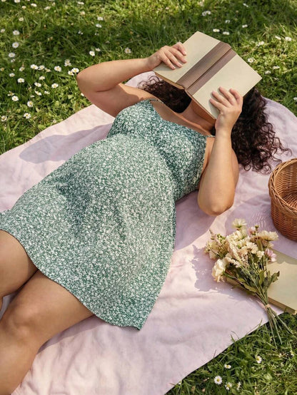 Plus Size Maternity Floral Sundress - Spaghetti Strap, Cold Shoulder, Backless, Short, Green