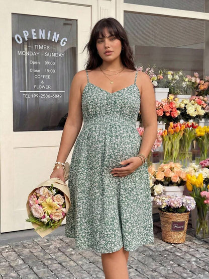 Plus Size Maternity Floral Sundress - Spaghetti Strap, Cold Shoulder, Backless, Short, Green