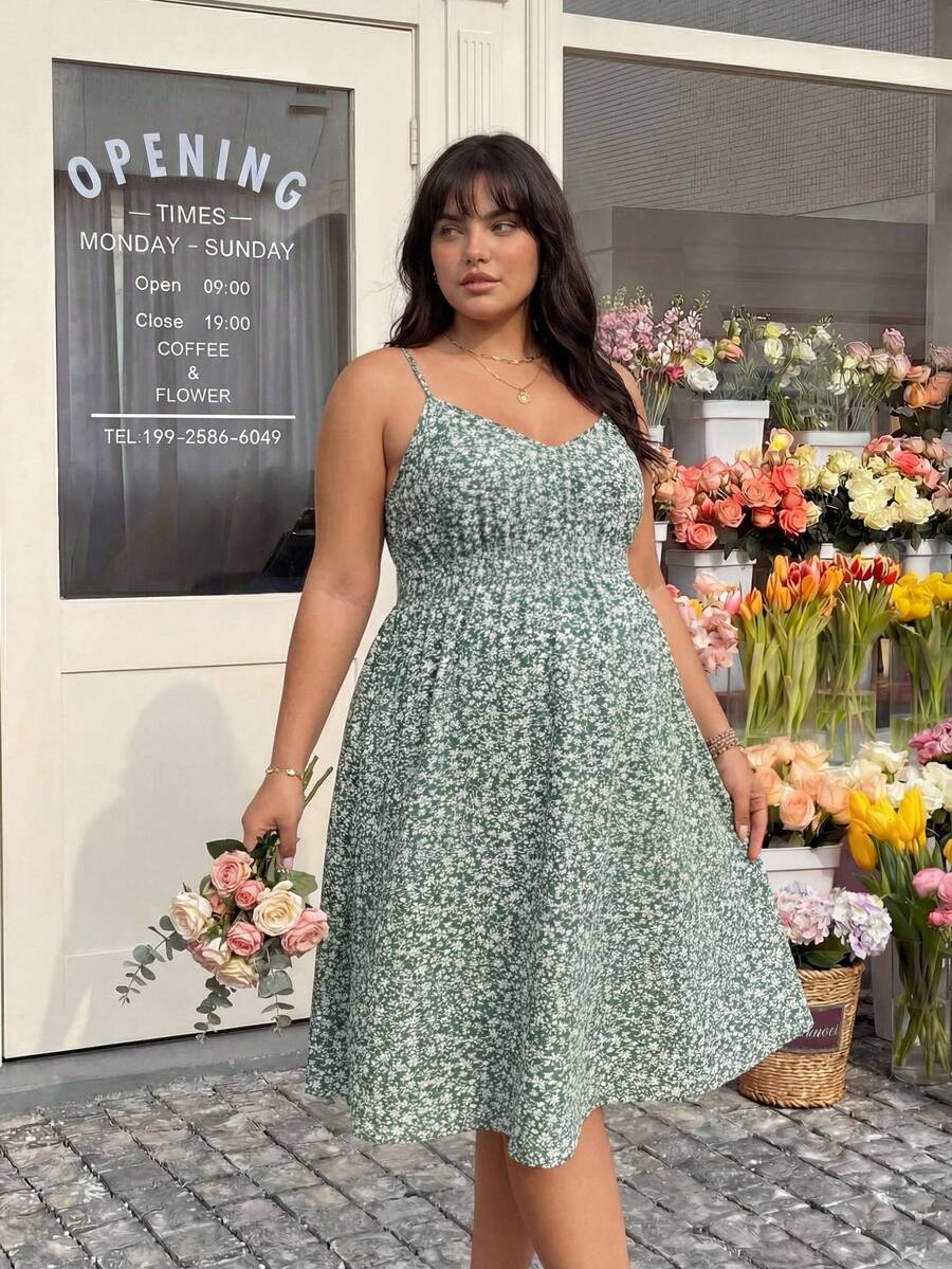 Plus Size Maternity Floral Sundress - Spaghetti Strap, Cold Shoulder, Backless, Short, Green