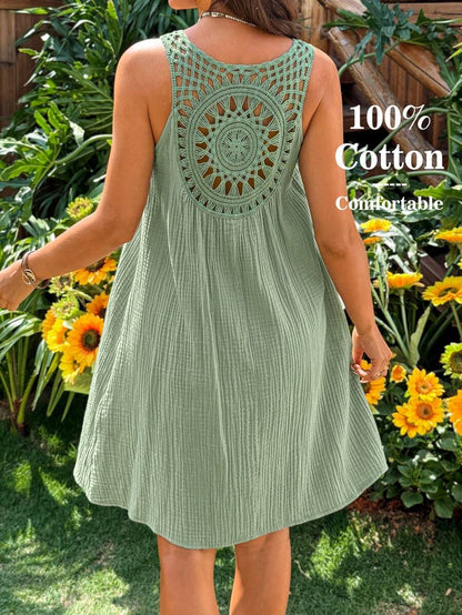 Sage Green Cotton Maternity Mini Dress - Sleeveless V-Neck Crochet Back Summer Pregnancy Outfit for Beach and Photoshoots