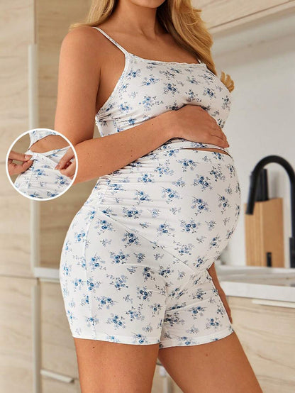 2 Piece Maternity Floral Print Camisole and Ruffle Shorts Set Blue and White Square Neck Summer Holiday Sleepwear Set