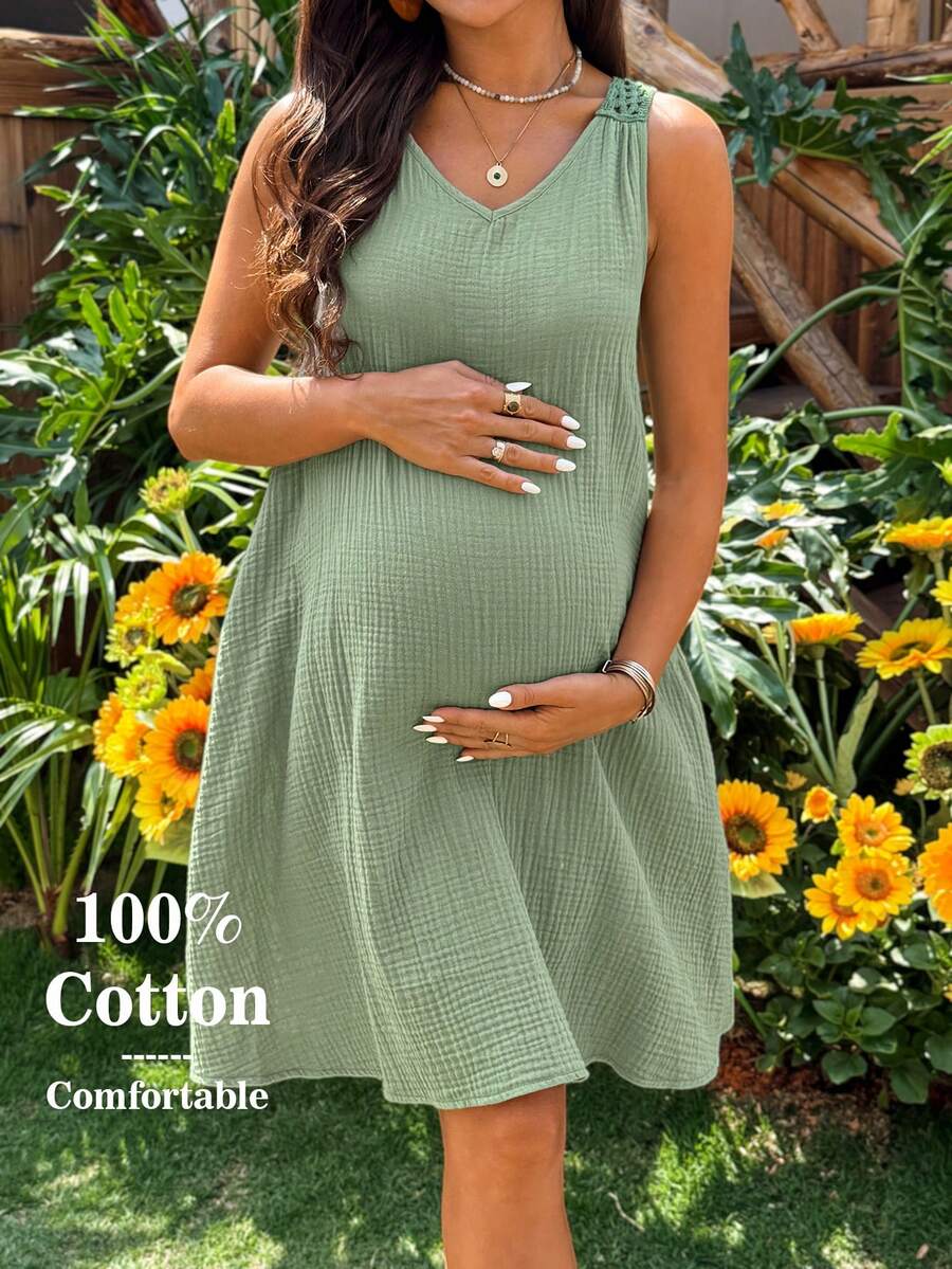 Sage Green Cotton Maternity Mini Dress - Sleeveless V-Neck Crochet Back Summer Pregnancy Outfit for Beach and Photoshoots