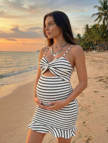 Maternity Striped Print Twist Hollow Camisole Dress Sexy Spaghetti Strap High Waist Slim Fit Bodycon Beach Sun Dress