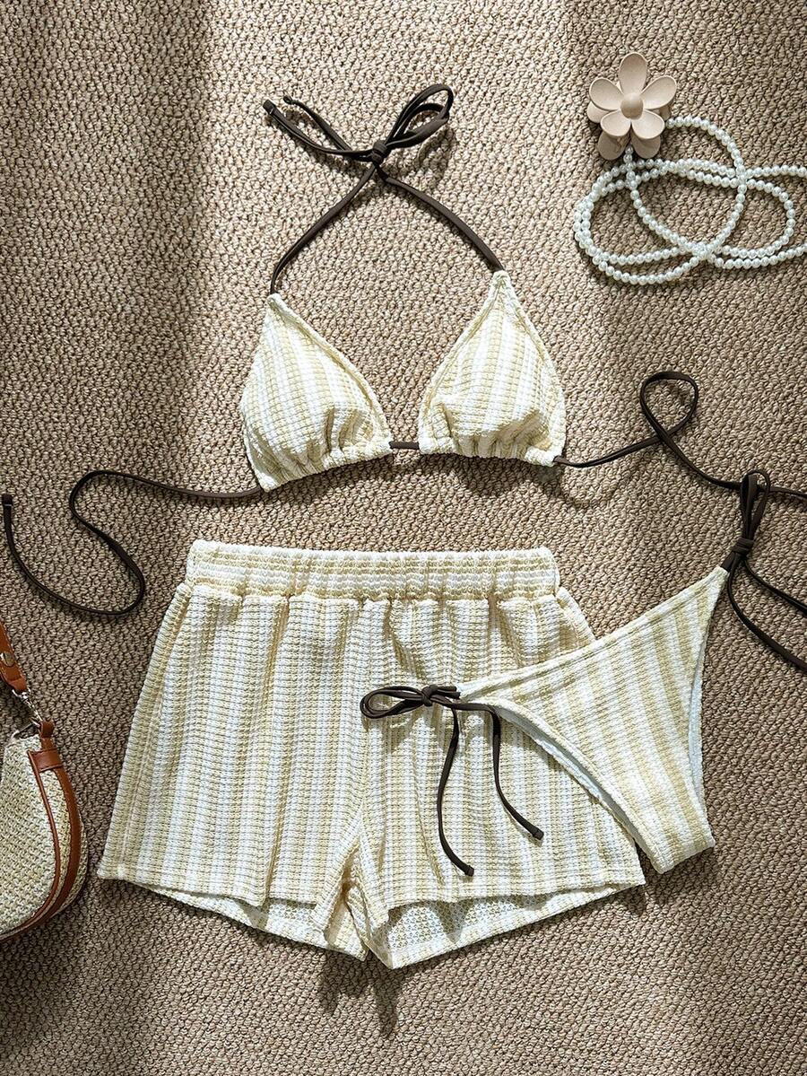 Women's 3-Piece Boho Crochet Bikini Set - Drawstring Cover-Up, Halter, Shorts, Royal Blue