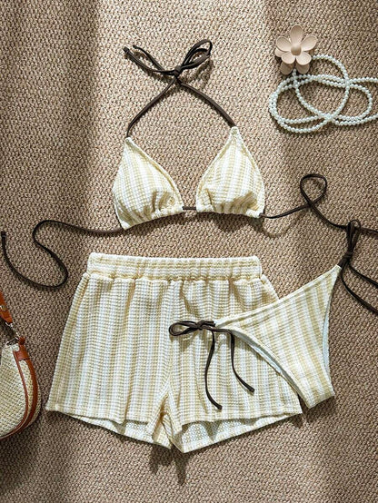 Women's 3-Piece Boho Crochet Bikini Set - Drawstring Cover-Up, Halter, Shorts, Royal Blue
