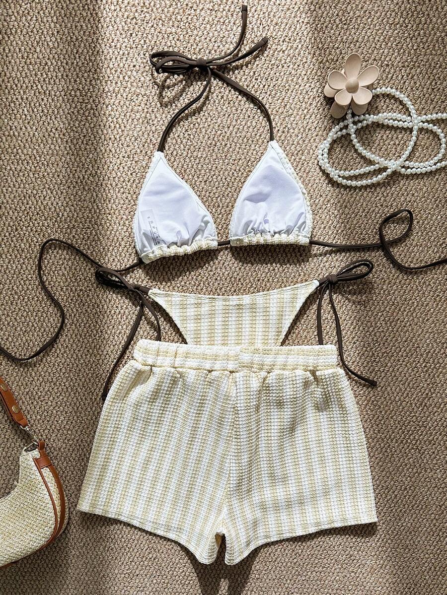 Women's 3-Piece Boho Crochet Bikini Set - Drawstring Cover-Up, Halter, Shorts, Royal Blue