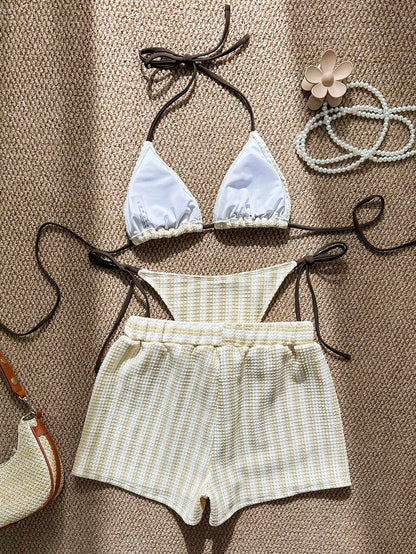 Women's 3-Piece Boho Crochet Bikini Set - Drawstring Cover-Up, Halter, Shorts, Royal Blue