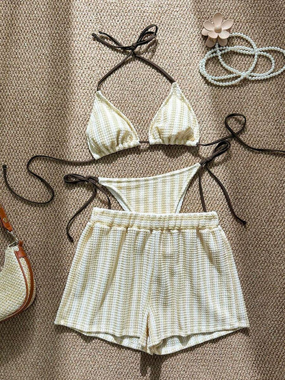 Women's 3-Piece Boho Crochet Bikini Set - Drawstring Cover-Up, Halter, Shorts, Royal Blue