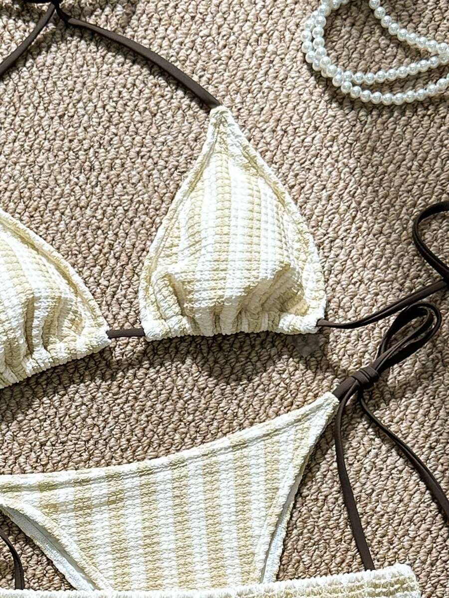 Women's 3-Piece Boho Crochet Bikini Set - Drawstring Cover-Up, Halter, Shorts, Royal Blue