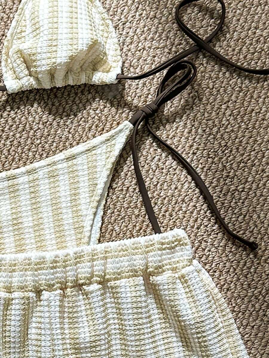 Women's 3-Piece Boho Crochet Bikini Set - Drawstring Cover-Up, Halter, Shorts, Royal Blue