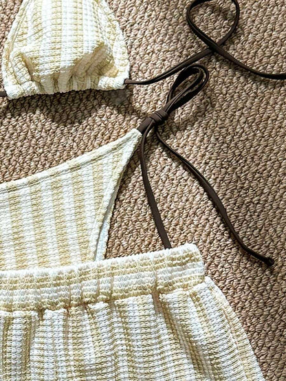 Women's 3-Piece Boho Crochet Bikini Set - Drawstring Cover-Up, Halter, Shorts, Royal Blue