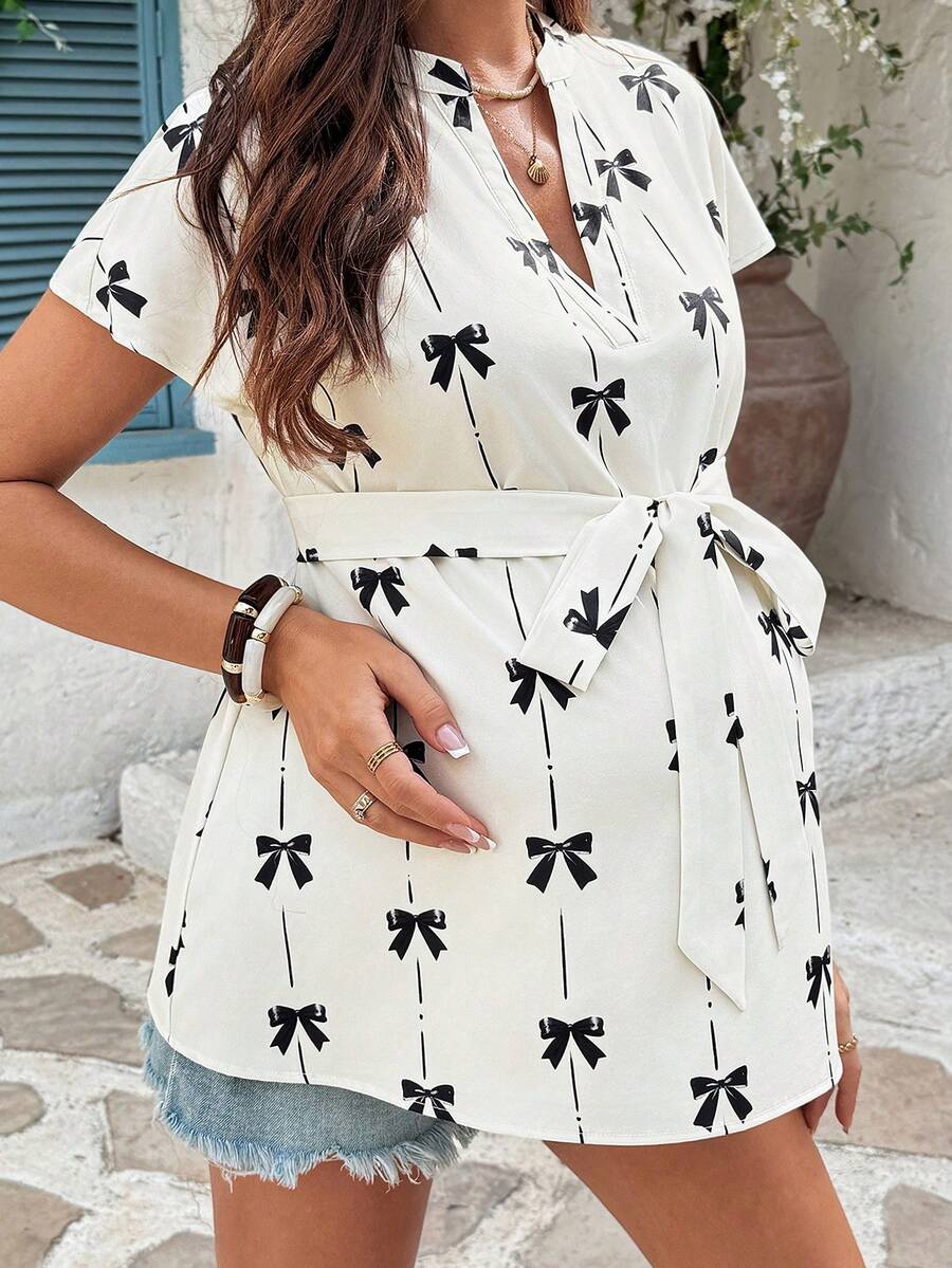 Apricot Maternity V-Neck Short Sleeve Blouse with Bow Belted Loose Batwing Top for Summer Casual Vacation Holiday and Everyday Wear