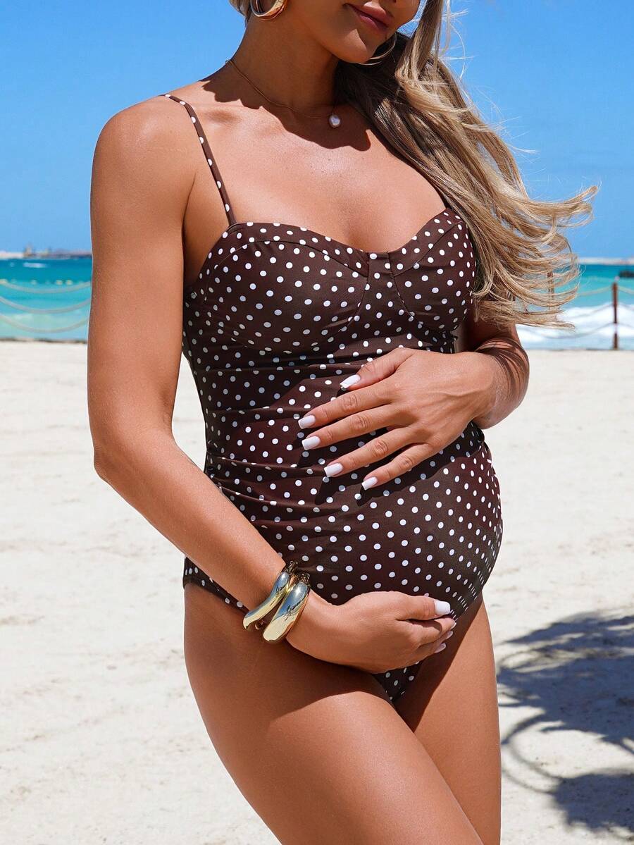 Multicolor Retro Polka Dot Maternity One-Piece Swimsuit – High-Stretch Spaghetti Strap Beachwear with Frill Trim and Removable Padding