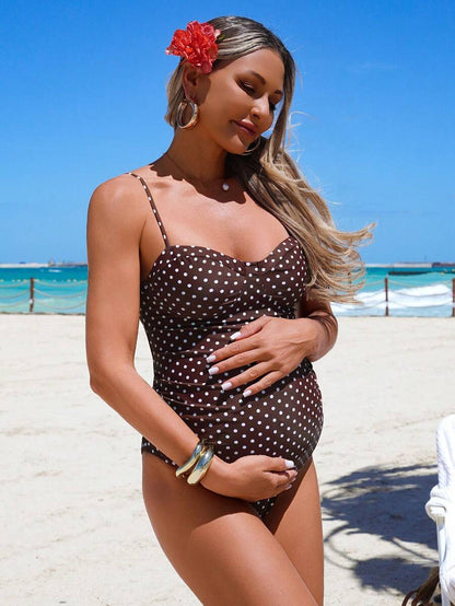 Multicolor Retro Polka Dot Maternity One-Piece Swimsuit – High-Stretch Spaghetti Strap Beachwear with Frill Trim and Removable Padding
