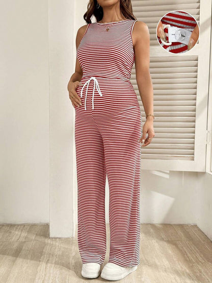 2-Piece Striped Maternity Camisole and Pants Set - Brown Slim Fit Sleeveless Top and Long Drawstring Pants Terno Outfit