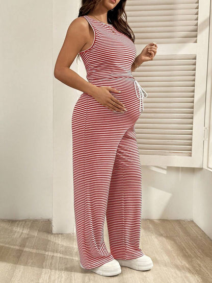 2-Piece Striped Maternity Camisole and Pants Set - Brown Slim Fit Sleeveless Top and Long Drawstring Pants Terno Outfit