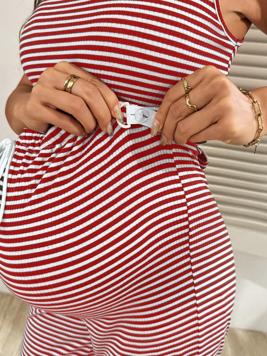 2-Piece Striped Maternity Camisole and Pants Set - Brown Slim Fit Sleeveless Top and Long Drawstring Pants Terno Outfit