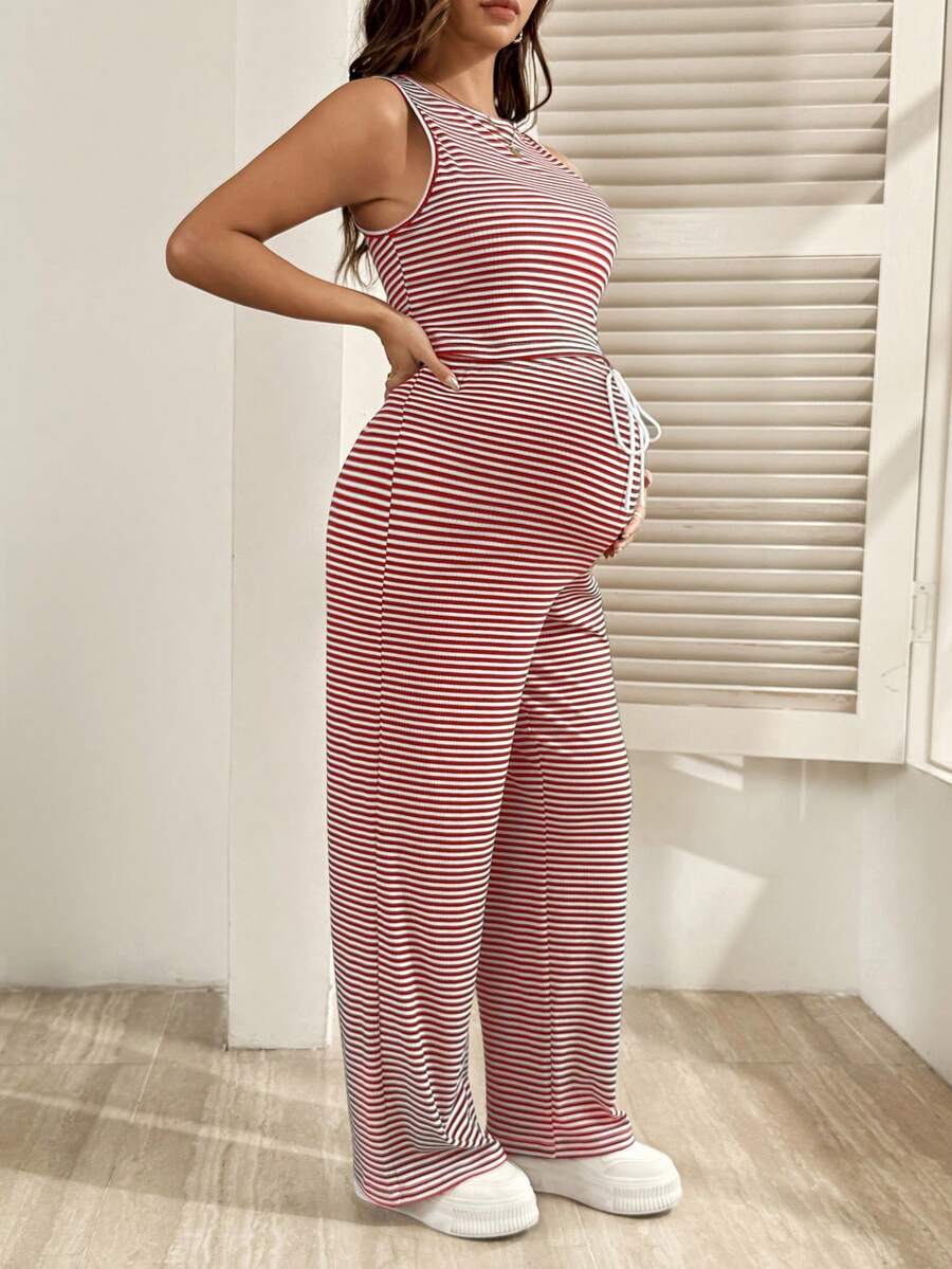 2-Piece Striped Maternity Camisole and Pants Set - Brown Slim Fit Sleeveless Top and Long Drawstring Pants Terno Outfit