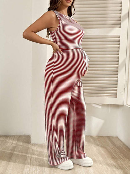 2-Piece Striped Maternity Camisole and Pants Set - Brown Slim Fit Sleeveless Top and Long Drawstring Pants Terno Outfit