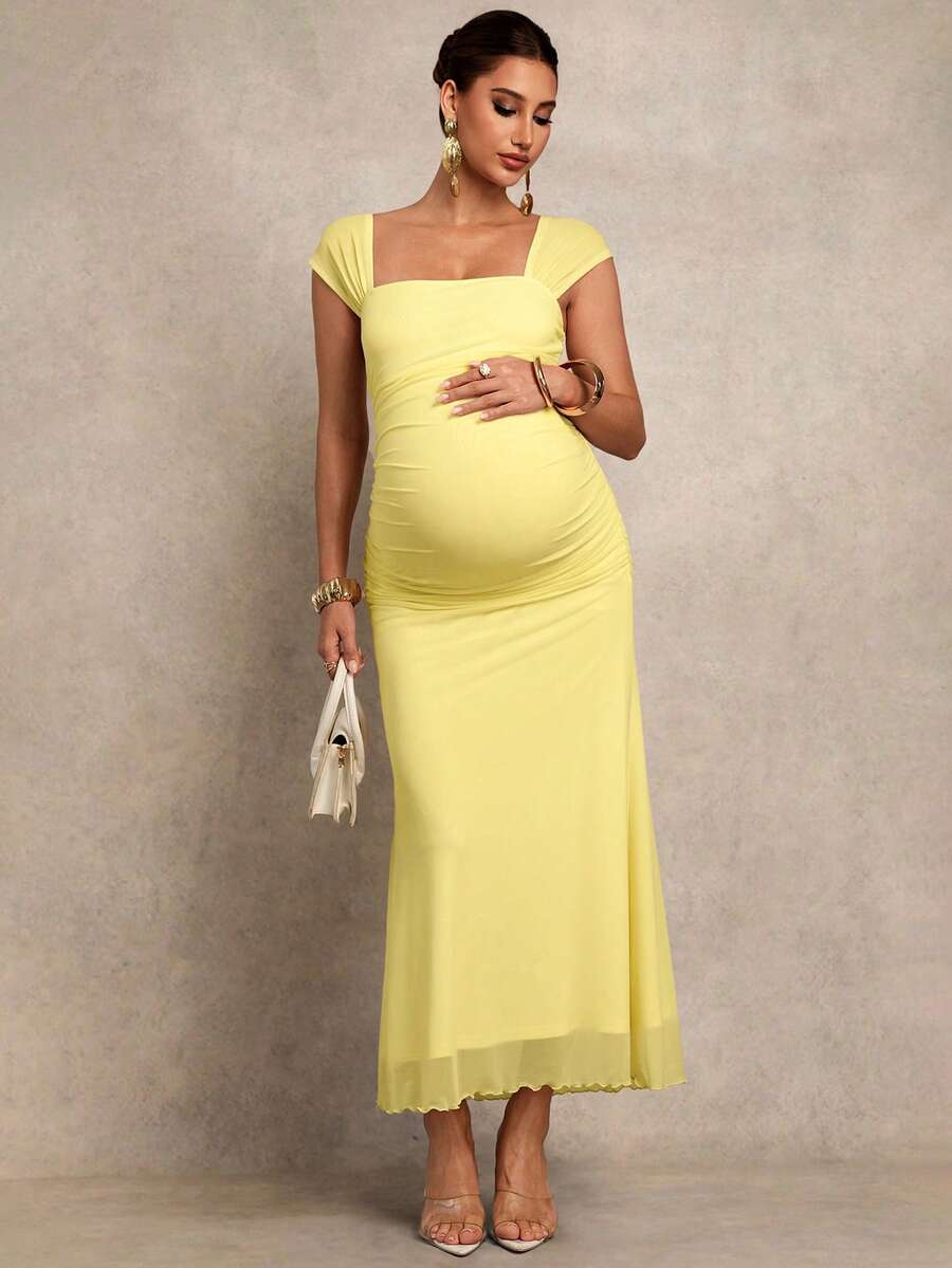 Pregnant Women's Solid Color Square Neck Ruched Fitted Fishtail Hem Elegant Dress Valentines Day Dress Elegant Dresses For Party