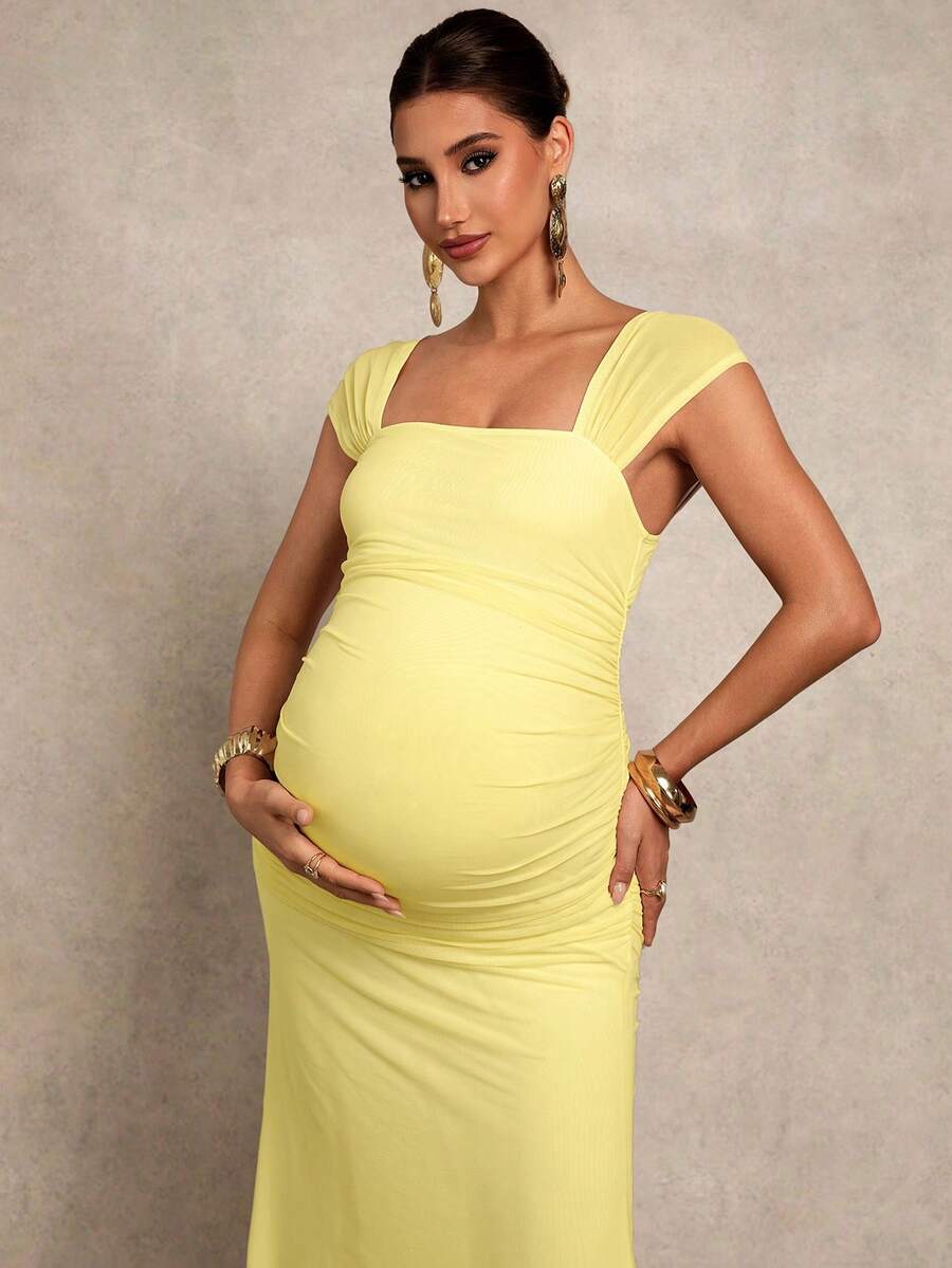 Pregnant Women's Solid Color Square Neck Ruched Fitted Fishtail Hem Elegant Dress Valentines Day Dress Elegant Dresses For Party
