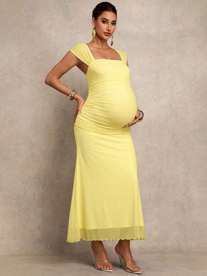 Pregnant Women's Solid Color Square Neck Ruched Fitted Fishtail Hem Elegant Dress Valentines Day Dress Elegant Dresses For Party