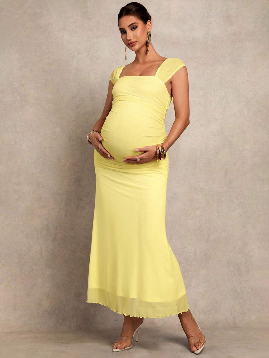 Maternity Square Neck Fitted Dress Solid Color Sleeveless Minimalist Summer Gown for Baby Shower Gender Reveal and Wedding Guest Dress