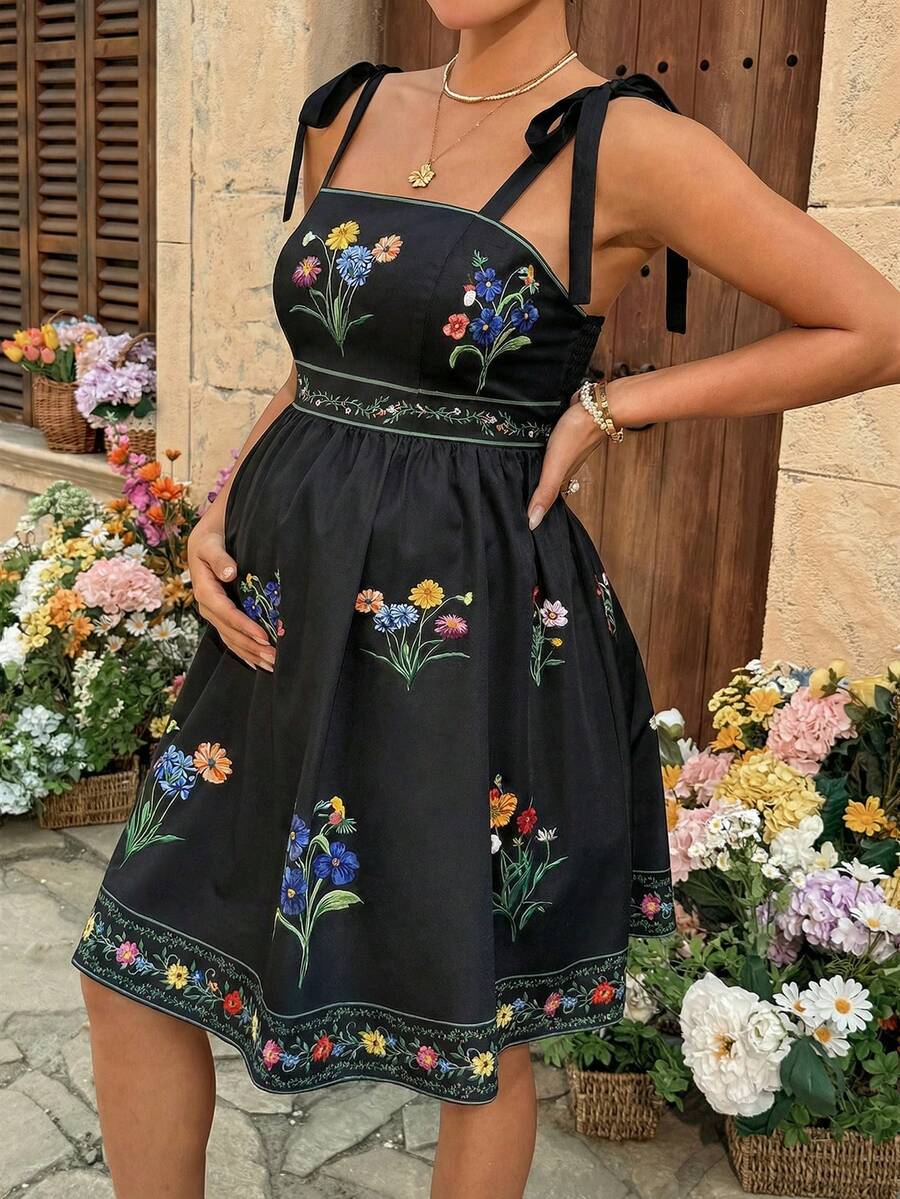 Maternity White Floral Spaghetti Strap Dress with Bow Detail and Flared A Line Skirt for Summer Beach Vacation