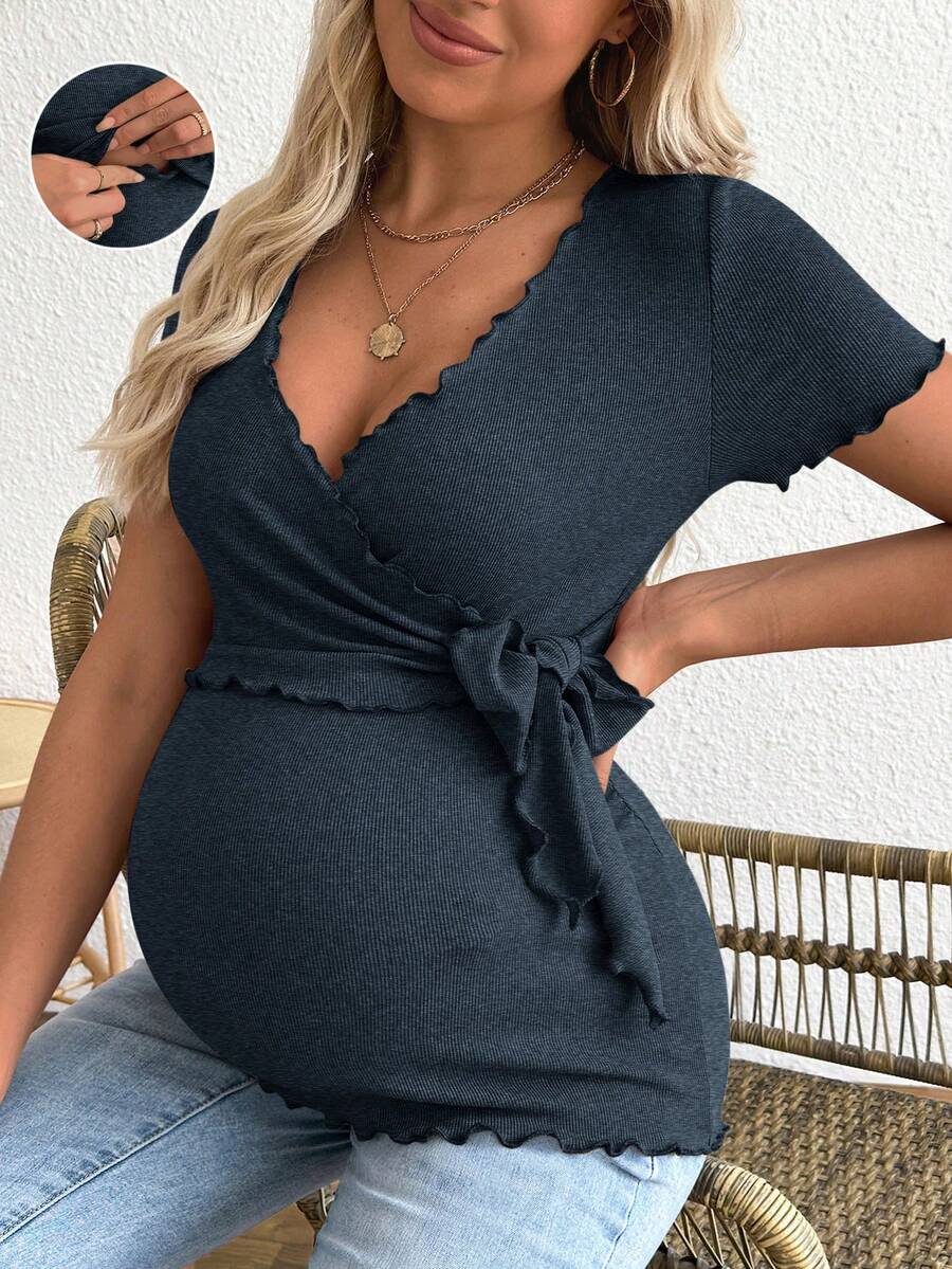 Maternity V-Neck Long Sleeve Tie Front Wrap Top with Lettuce Hem Casual Solid Green Summer Knit T-Shirt