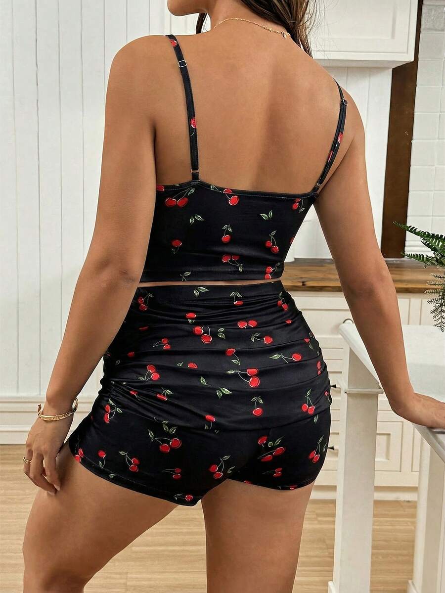 Maternity Contrast Lace Cherry Print Camisole and Ruffle Trim Adjustable Waist Shorts Set - 2 Piece Casual Beachwear