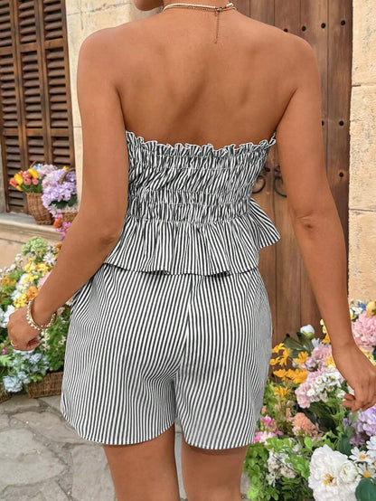 Maternity 2-Piece Summer Vacation Set Yellow Striped Ruffle Bandeau Top and Adjustable Waist Mini Shorts Beach Outfit