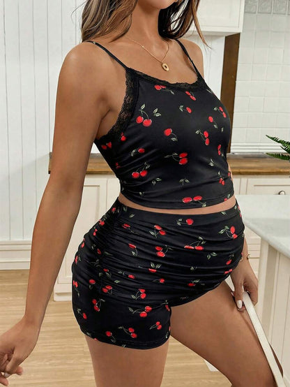 Maternity Contrast Lace Cherry Print Camisole and Ruffle Trim Adjustable Waist Shorts Set - 2 Piece Casual Beachwear
